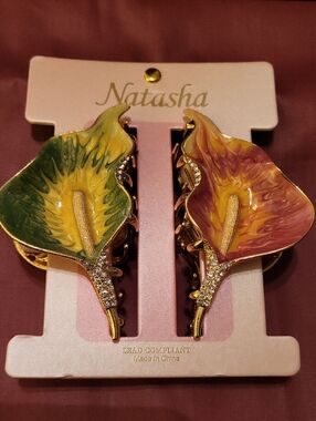 Natasha Couture Two-Tone Calla Lily Hair Clips  — Green & Pink Brand New Ls